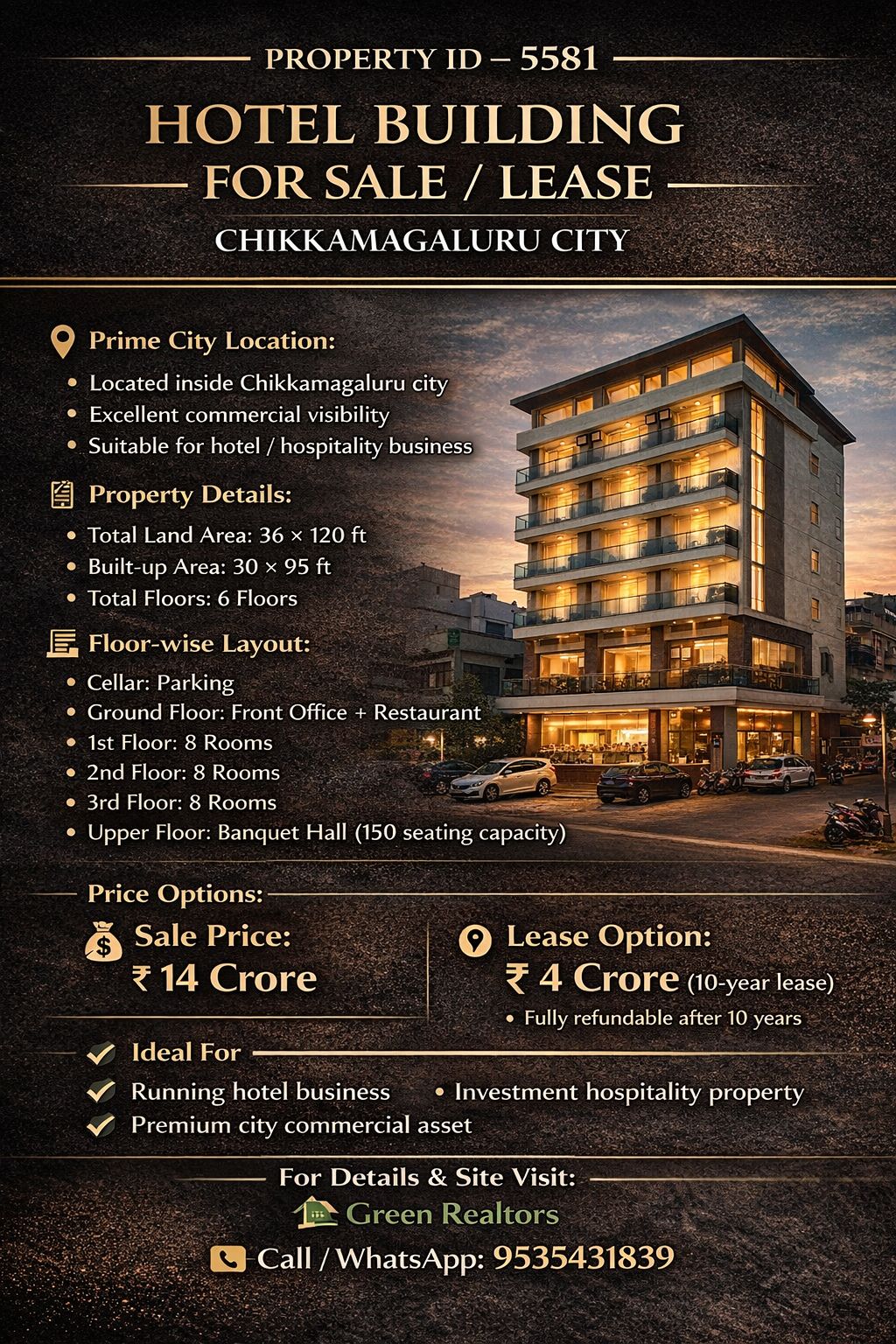 🆔 *PROPERTY ID – 5581* 🏨 *Hotel Building for Sale / Lease – Chikkamagaluru City*